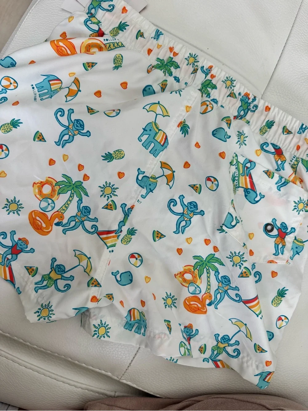 Roller Rabbit Kids' White Swim Shorts with Colorful Beach Animal Print size 10